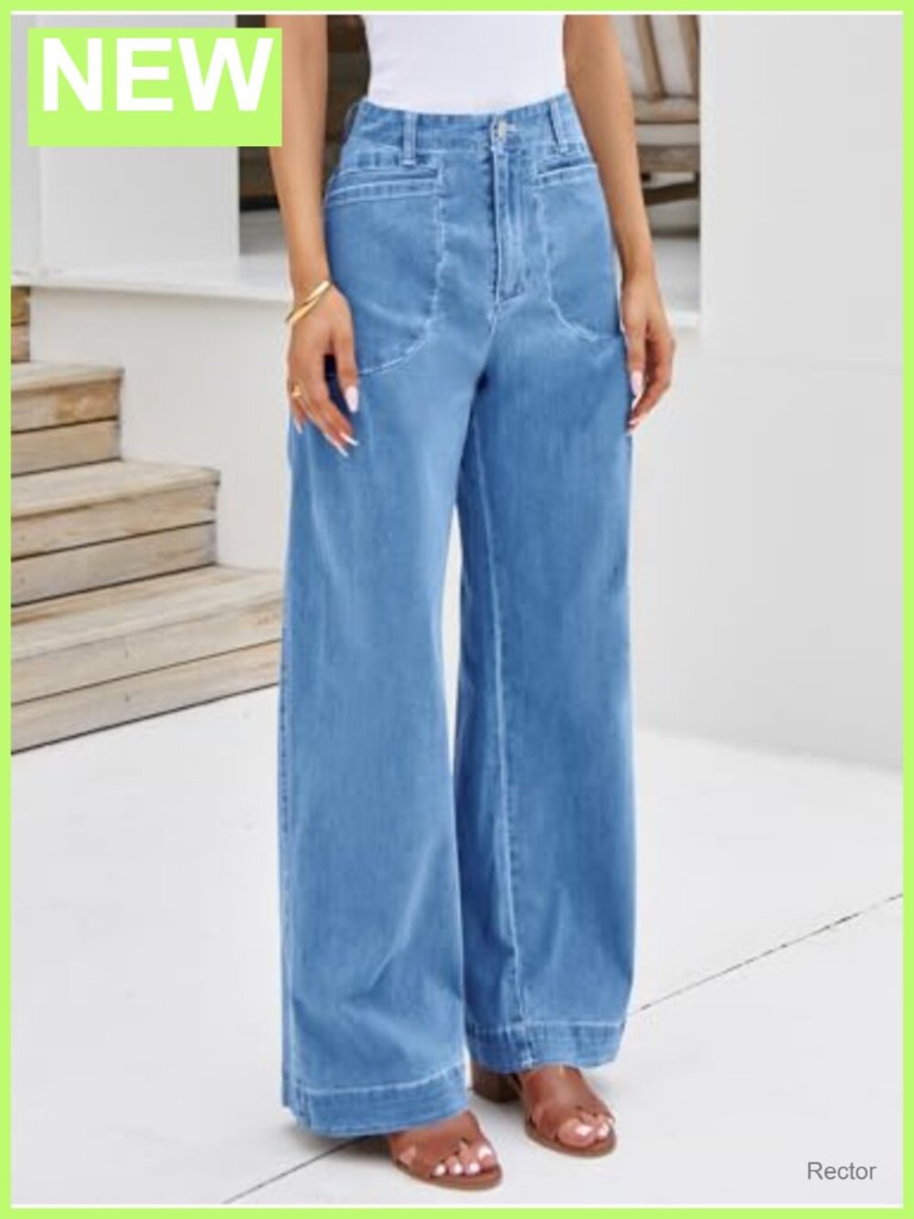 Wide Leg High Waisted Baggy Stretch Denim Jeans Four Pockets - Picture 4 of 6